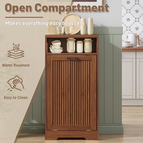 Pet-Proof Single 13 Gallon Tilt Out Trash Can Cabinet with Open Storage – Hide Garbage & Recycling Bins to Keep Your Kitchen Clean and Organized,Walnut - Image 5