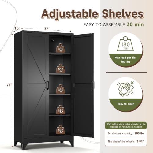 Letaya Metal Garage Storage Cabinets,71" H Black Tall Kitchen Pantry - Image 3