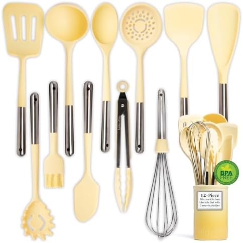 Larder & Vine 12-Piece Silicone Kitchen Cooking Utensils Set with Stainless Steel Handle and Ceramic Holder, Dishwasher Safe Set of Kitchen Essentials (Limoncello) by LarderVine