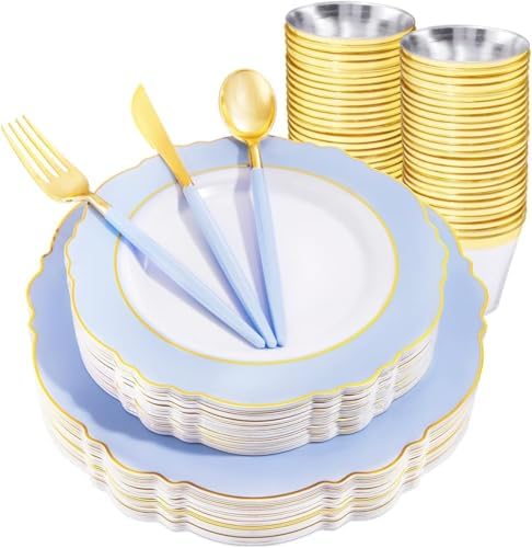 WDF 150pieces Baby Blue Plastic Plates with Gold Rim - Disposable Gold Plastic Silverware With Blue Handle-Baroque Light Blue&Gold Disposable Plates Dinnerware for Wedding/Party/Baby Shower by WDF