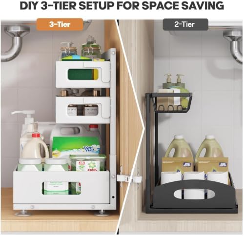 1 Pack Under Sink Organizer,Pull Out Cabinet Organizer With Smooth Cylindrical Rail,Metal Slide Out Drawer for Kitchen Bathroom Laundry Cabinet,8-Level Tool Free Height Adjustable-White - Image 4