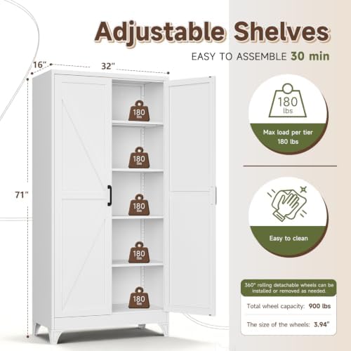 Letaya Metal Garage Storage Cabinets,71" H White Tall Kitchen Pantry - Image 3