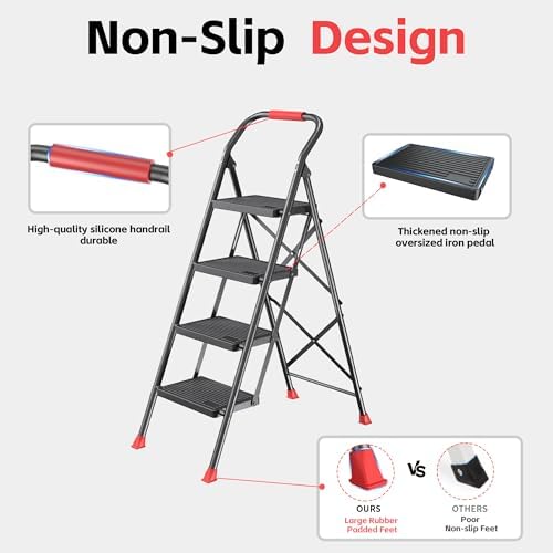 Step Ladder Foldable Folding Stool - for Home Adults Kitchen 4 Stepping Extension Tall Heavy Duty with Handrails - Closet Stepstool Stair Ladders Extendable Stepladder for Indoor House 600Lbs - Image 3