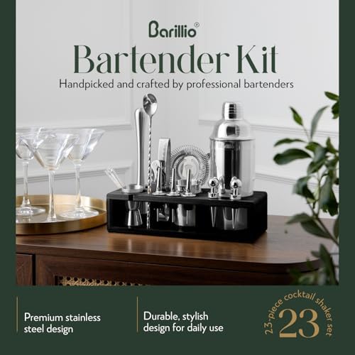 Barillio Silver Bartender Kit - Stainless-Steel Cocktail Shaker Set w/Black Bamboo Stand - Mixology Bar Tools w/Drink Shaker, Mixer & Muddler for Cocktails - Home Bar Accessories - 23-Pc Bar Set - Image 2