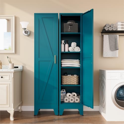 COFaR Tall Bathroom Cabinet, Metal Farmhouse Narrow Slim Storage Cabinet with Adjustable Shelves Barn Door for Bathrooms, Kitchens, Entrances Living Room (Blue) - Image 2