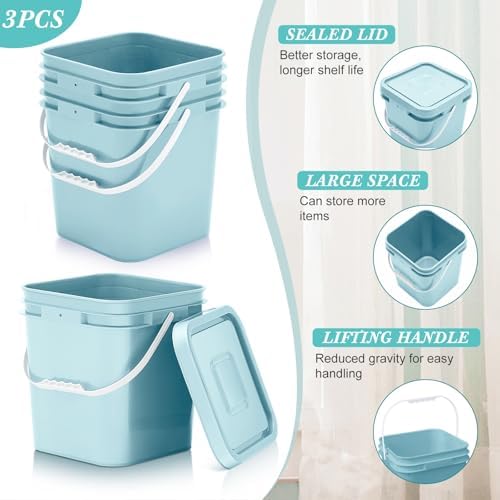 Mumufy 3 Pcs 3.5 Gallon Square Food Grade Bucket with Lid, Aqua - Image 3