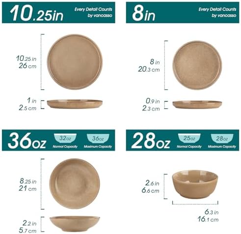 vancasso ANYA 24 Pieces Plates and Bowls Set, Caramel Dinnerware Sets, Reactive Glaze Dishes Set for 6, Ceramic Dishware Sets Kitchen Dinner Set, Microwave & Dishwasher Safe - Image 2