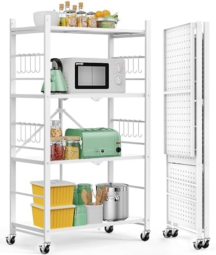 Himix 4-Tier Foldable Metal Storage Shelf with Wheels Kitchen White by Himix