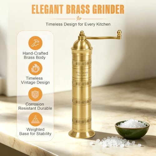 Brass Salt Grinder, 10 Inch Gold Manual Salt Mill with Ceramic Core - Image 3