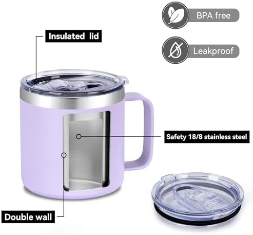 VEGOND 14 oz Insulated Coffee Mug Bulk with Handle, Stainless Steel Travel Coffee Mug with Lid, Double Wall Vacuum Metal Coffee Cup, Coffee Tumbler Powder Coated, Purple 8 Pack - Image 4