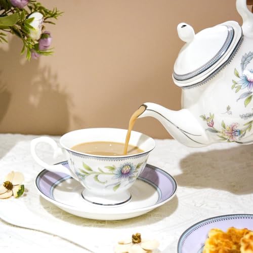 Bone China Tea Set, 21-Pieces Porcelain Tea Set for Adults, Tea Cups And Saucers for 6, with Teapot, Spoons, Sugar Bowl, Creamer Pitcher, Vintage Tea Set for Women Tea Party (Purple) - Image 2