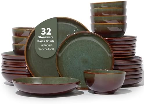 Pokini Stoneware Dinnerware Sets for 8, 32pcs Plates and Bowls Sets Dishes by Pokini