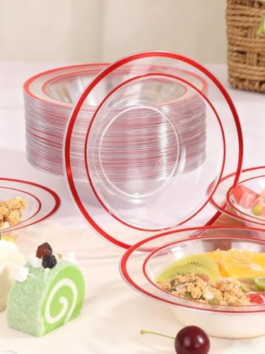 BESTSTAR 100 Pack clear Plastic Bowls with Red Rim by BESTSTAR