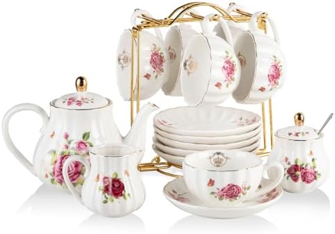 Porcelain Tea Sets British Royal Series, 8 OZ Cups & Saucer Service for 6, with Teapot Sugar Bowl Cream Pitcher Teaspoons and Tea Strainer, Suitable for High Tea, Wedding, Party (Midsummer Rose) by Sweejarco1949