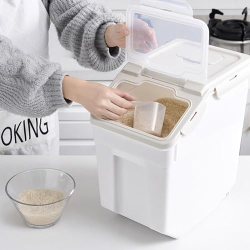 25LB Large Flour Storage Container Bin,4 Pack Airtight Plastic with Wheels Seal Locking Lid Dispenser Organizer Storage Bin with Measuring Cup & Scoop for Flour, Rice, Grain 100LBS Total，Grey - Image 4
