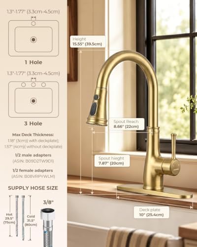 WEWE Brushed Gold Kitchen Faucet with Pull Down Sprayer, Champagne Bronze Copper Single Handle Single Hole Kitchen Sink Faucet - Image 4