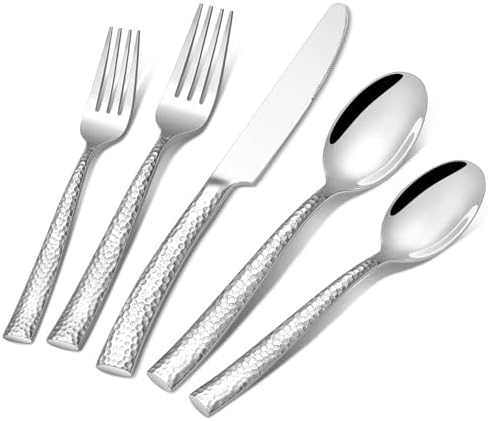 20-Piece Silverware Set, Ollex Stainless Steel Hammered Flatware Cutlery Set for 4, Mirror Polished Kitchen Utensils included Silver Knives Spoons and Forks Set Dishwasher Safe by OllexSilverwareSets