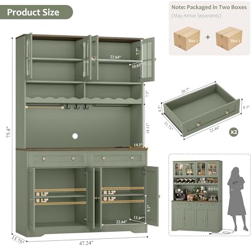 HOSTACK 75" Kitchen Pantry Storage Cabinet, Coffee Bar Hutch Cabinet, Green - Image 3