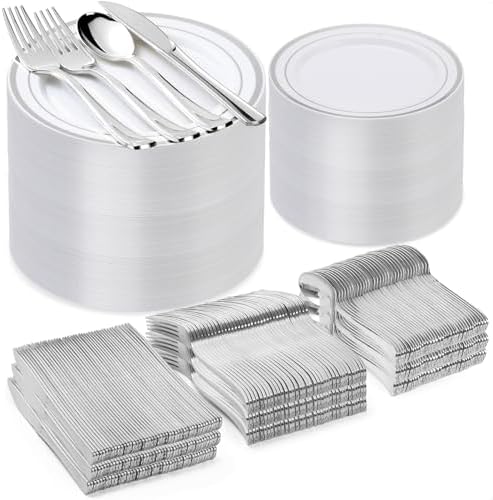 BESTVIP 600PCS Silver Plastic Plate Set (100 Guests), Disposable Plates for Party Wedding Birthday, Dinnerware Set of 200 Plastic Plates, 200 Forks, 100 Spoons, 100 Knives for Christmas by Bestvip