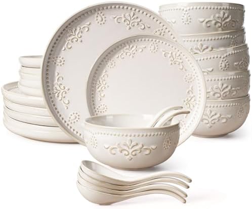 Artena Plates And Bowls Sets, 24 Pieces Dinnerware Sets, Dish Set For 6, Ceramic Kitchen Bowl And Plate Set, Embossed White Dishware Sets, Dishwasher & Microwave Safe (Damask Floral) by Artena