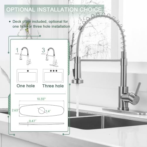 WEWE Brushed Nickel Kitchen Faucet with Pull Down Sprayer, Single Handle Stainless Steel Sink Faucet with Deck Plate, 1 or 3 Hole Faucet for Kitchen, Laundry and RV - Image 6