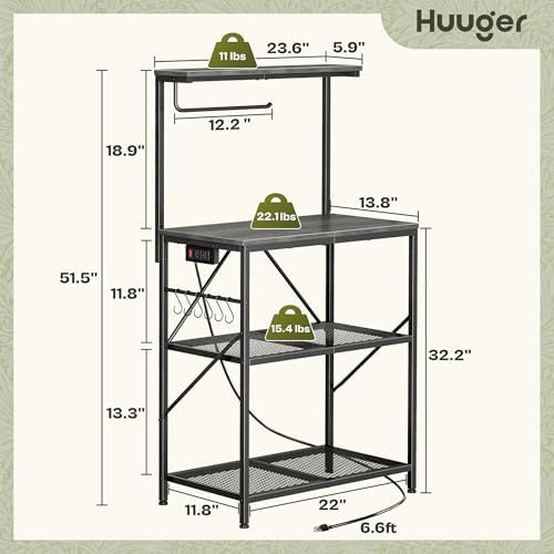 Huuger 4-Tier Bakers Rack with Reversible Power Outlet, 23.6 Inch Microwave Stand, Kitchen Coffee Bar, with Top Shelf, 6 S Hooks, Grey - Image 3