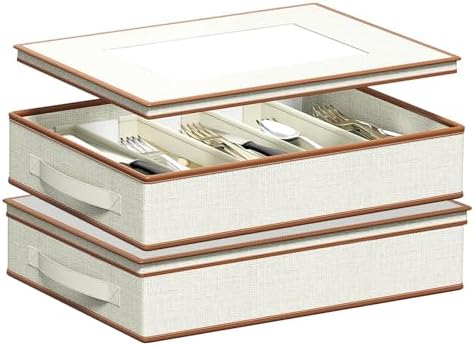 2-Pack Flatware Storage Box, Silverware Organizer with Clear Lid, Ivory by Aokeyee