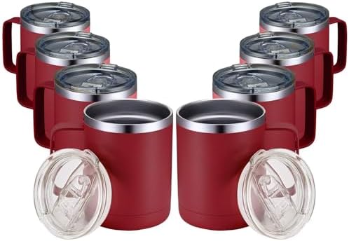 MEWAY 12oz Coffee Mug With Handle 8 Pack Bulk,Stainless Steel Insulated Travel Tumblers With Sliding Lid,Double Wall Vacuum Camping Cup for Hot & Cold Drinks Tea (Red,Set of 8) by MEWAY