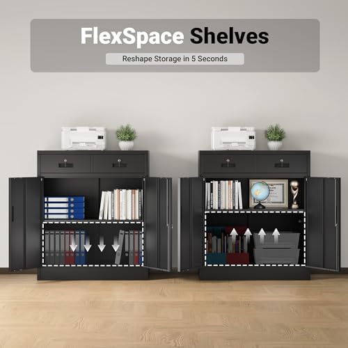 CJF Metal Storage Cabinet, Locking Cabinet with Adjustable Shelf and 2 Drawers, Metal Cabinets for Office, Home, Garage 36" H x 32" W x 16" D (Black) - Image 6