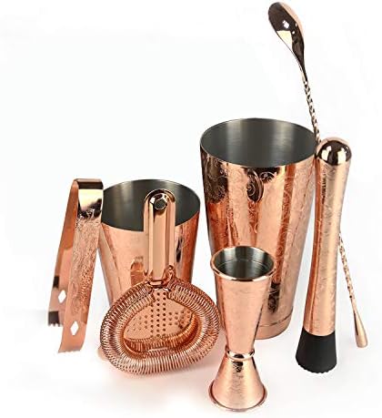 Sky Fish Bartender Kit Cocktail Shaker Set-6 Pieces Stainless Steel Copper Plated Etching Bar Tools with Boston Shaker Tins,Mixing Spoon,Mojito Muddler,Jigger,Hawthorne Strainer,Ice Tongs - Image 2