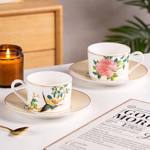 KAMMAK Tea Cups and Saucers Set of 2, Porcelain Coffee Cups, JBE004 - Image 6