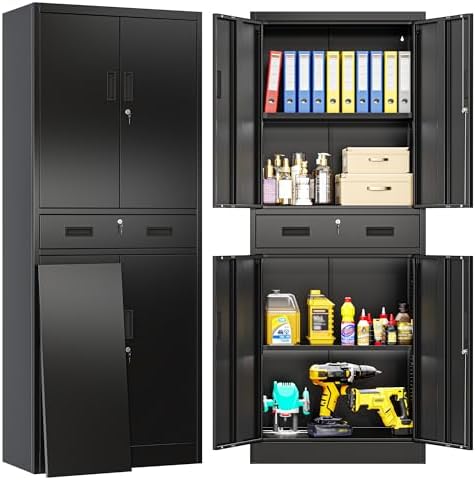 BESFUR Metal Storage Cabinet with 1 Drawer and Adjustable Shelves, 71" H Reinforced Heavy Duty Locking Storage Cabinet for Office, Garage, Home, School, Utility(Black) by BESFUR
