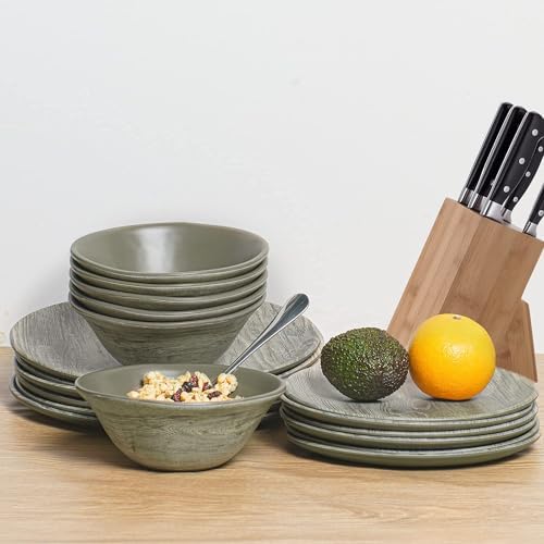 TP 18-Piece Dinnerware Set, Melamine Dishes Set with Bowls and Plates, Service for 6, Non-breakable Lightweight Dining Tableware, Grayish-brown Wood Grain - Image 6