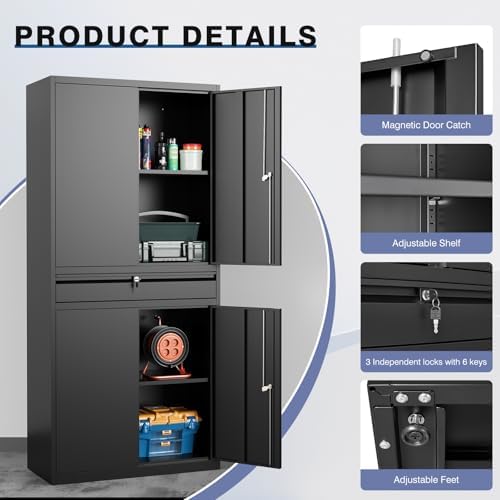 Metal Storage Cabinet with Drawer, Garage Storage Cabinet with Locking Doors and Adjustable Shelves,Tool Steel Cabinet for Garage, Home Office,Warehouse (Black) - Image 4