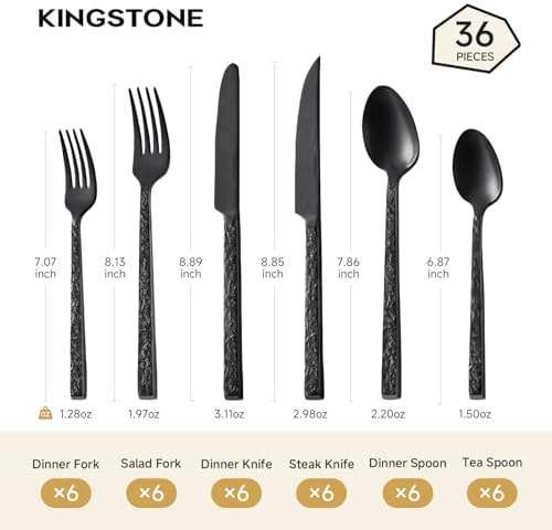 36 Pcs Black Hammered Silverware Set with Steak Knives for 6, 18/10 Steel - Image 2