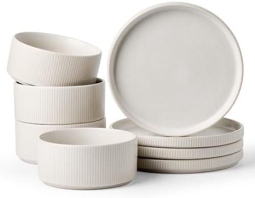 Ceramic Dinnerware Sets for 4, 8-Piece Deep Salad Plates and Cereal Bowls by FamiwarePremium