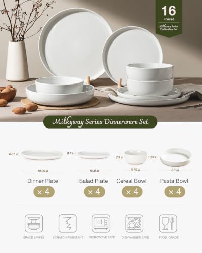 Famiware Milkyway 16-Piece Dinnerware Set with Pasta Bowls, White - Image 2