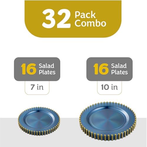 PLASTICPRO 32 Piece Combo Plastic Dinner Plates Disposable Plastic Fancy Heavy Duty Party Dishes 7 inch and 10 inch, Translucent Blue and Gold Beaded - Image 4