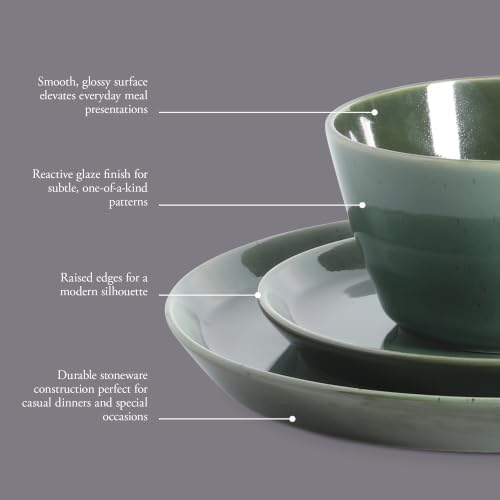 Gibson Elite 12 Piece (Service for 4) Fern Canyon Plates and Bowls Reactive Glaze Modern Coupe Round Dishes Stoneware Ceramic Dinnerware Set - Glossy Green - Image 3