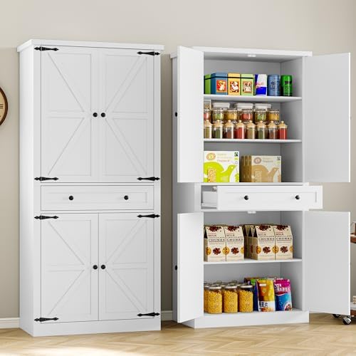 BORNOON Pantry Organizers and Storage Cabinet, 67.7” Barn Door White Kitchen Cabinet with Drawers and Adjustable Shelf, Tall Pantry for Kitchen, Dining Room, Living Room - Image 4
