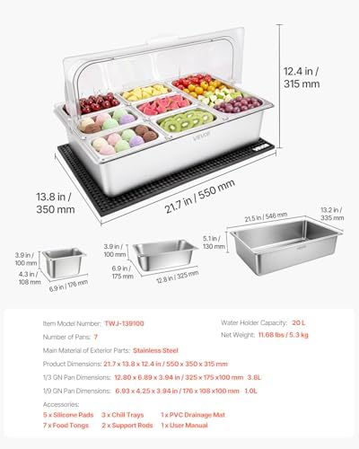 VEVOR Countertop Food Serving Display Container, Stainless Steel Food Salad Server Tray, Buffet Condiment Dispenser, Ice Cooled Rack with Clear Roll Top Cover, for Restaurant Hotel (1x1/3+6x1/9 Pan) - Image 7