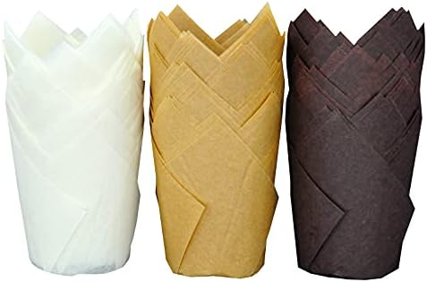 QLSmypkg Large Greaseproof paper Wrappers Muffin Baking cupcake cups liners, 2-1/4" x 4" Natural,Brown,White 3 colours in a box Tulip Baking Cups Holders 125 pcs (Large) (125, Multi 3) by QLSmypkg