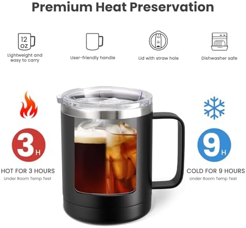 MEWAY 12oz Coffee Mug With Handle 4 Pack Bulk,Stainless Steel Insulated Travel Tumblers With Sliding Lid,Double Wall Vacuum Camping Cup for Hot & Cold Drinks Tea (Black,Set of 4) - Image 3