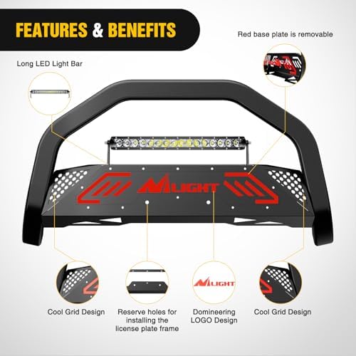 Nilight Bull Bar with Light Bar Compatible with Ford F-150 2004-2026 | Includes License Plate Hole Brush Guard, Front Bumper Push Bar w/Grille Skid Plate Light Mount - Image 3