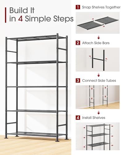 Sakugi 5-Tier Garage Shelving Unit - Heavy-Duty Metal Storage Shelves, Anti-Tip with Leveling Feet, Stable Storage for Kitchen, Pantry and Living Room Organization (Black, 30.7" x 10.6" x 58") - Image 6