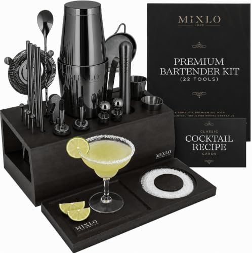 Mixology Bartender Kit - 22Pcs Bar Set Cocktail Shaker Set w Black Bar Cart Accessories Stand - Shakers Bartending Gun Metal Black Tools, 24oz Shaker, 17 Recipe Cards, Martini Barware by Home