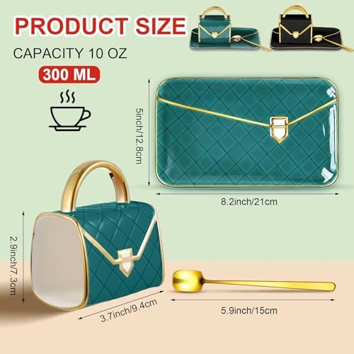 Zubebe 2 Set Coffee Mug Elegant Handbag Shaped Cup,Dark Green,Black - Image 2