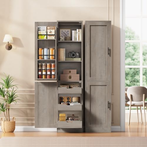 Itaar Narrow Kitchen Pantry Cabinet with 3 Door Shelves & 3 Drawer, Grey - Image 5