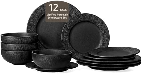 Black Dinnerware Sets, 12-Piece plates and bowls sets, Matte Marble by KINGSTONE