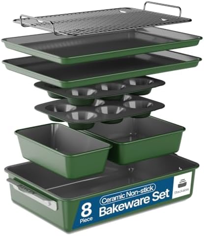 Bakken 8-Piece Ceramic Coated Bakeware Sets, Nonstick Aluminized Steel Pans with Muffin, Loaf, Cake, Roasting Pan, & Cooling Rack, Oven Safe Up To 500°F, Dishwasher Safe, BPA, PTFE & PFAS Free, Green by BAKK%C3%8BNMASTER